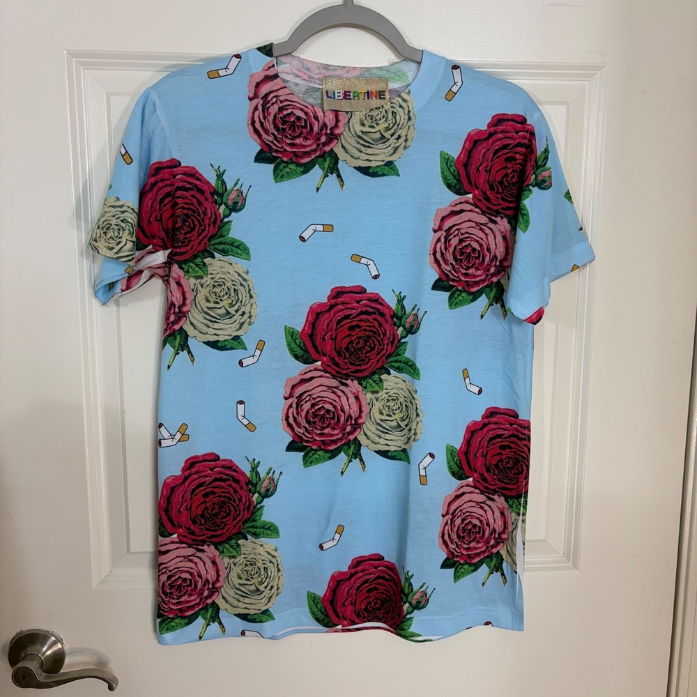 Libertine Light Blue Rose and Cigarette Graphic Print T-Shirt Small